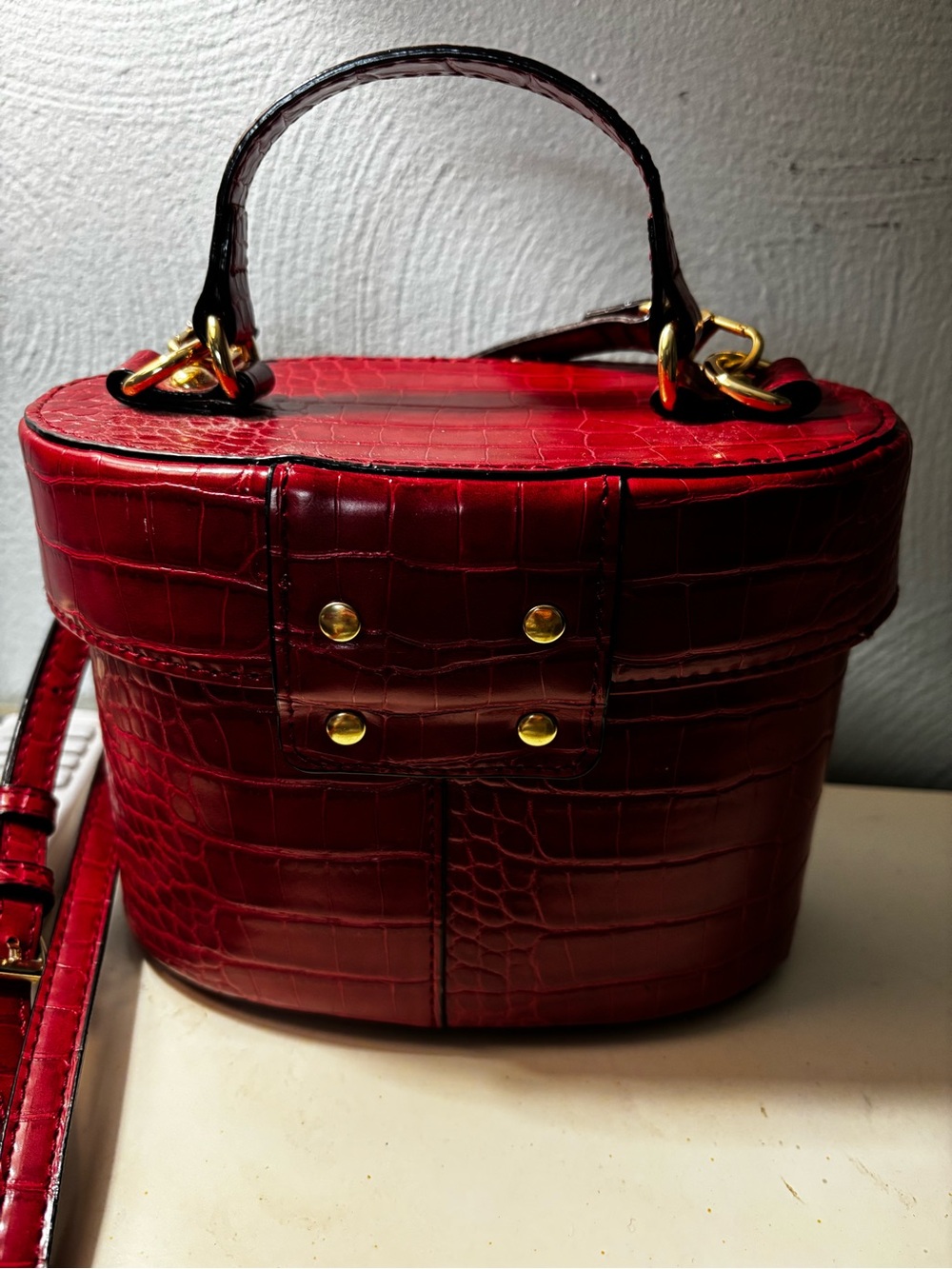 Red Croc-Embossed Top Handle Bag with Gold Hardware - Picture 2 of 9